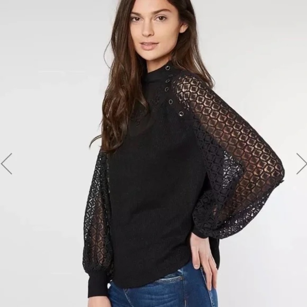 Free People Black Lace Sleeve Blouse